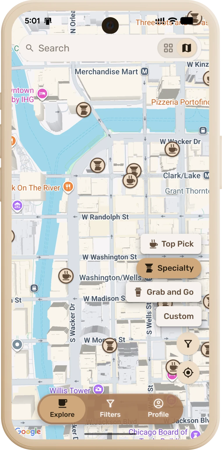 Explore screen showing nearby coffee shops on a map