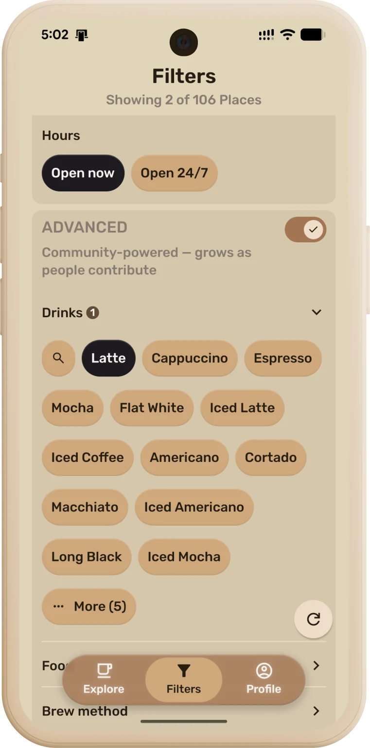 Filters screen showing coffee type, roast, and origin options