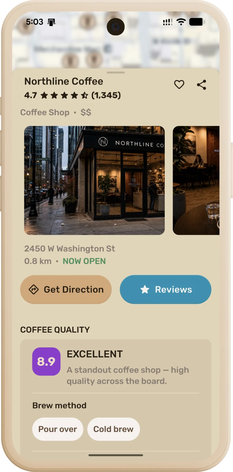 Place detail screen showing photos, rating, and coffee quality score